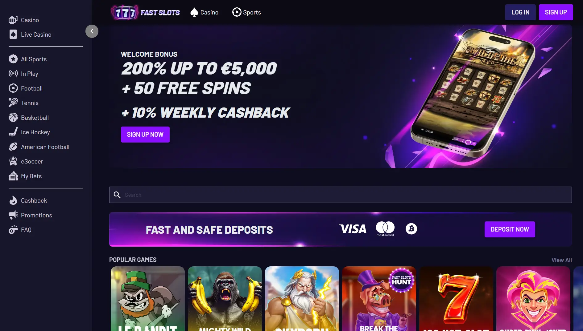Page d’accueil Fast Slots montrant bonus d’inscription et dépôts rapides