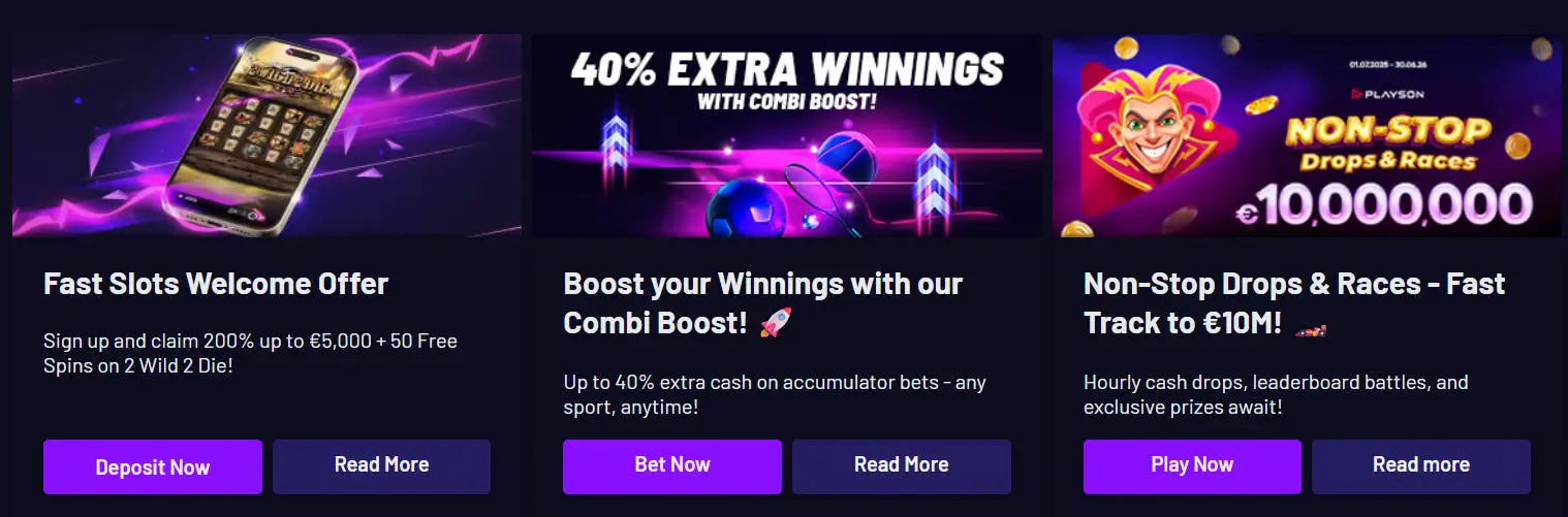Offres promotionnelles Fast Slots avec bonus, combi boost et jackpots
